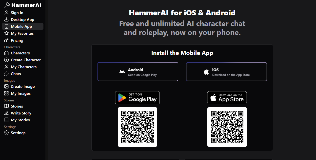 Hammer AI mobile page with Android and iOS installation buttons and QR codes